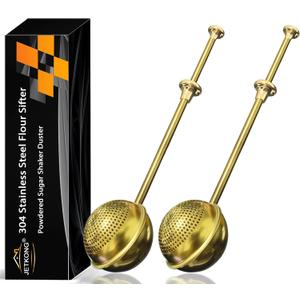 JETKONG Large Flour Sifter, Baking Sifters with 18/8 Stainless Steel Dusting Wand for Sugar, Flour and Spices, Set of 2 (Large, Gold)