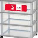 IRIS USA Plastic Drawer Storage Organizer Rolling Cart, with Wheels Casters, 3-Drawers, for Art Craft Supplies Bathroom Dorm Bedroom Laundry Room, Wide, Gray