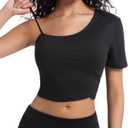 Crop Tops for Women Cute One Shoulder Tee Short Sleeve Going Out Shirts with Adjustable Strap and Playful Hem (Black, S)