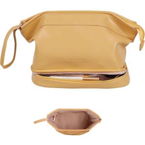 Abiudeng Large Capacity Makeup Bag Ladies Cosmetic Bag Travel Bag with Compartments Portable PU Leather Travel Makeup Bag with Handle (Yellow)