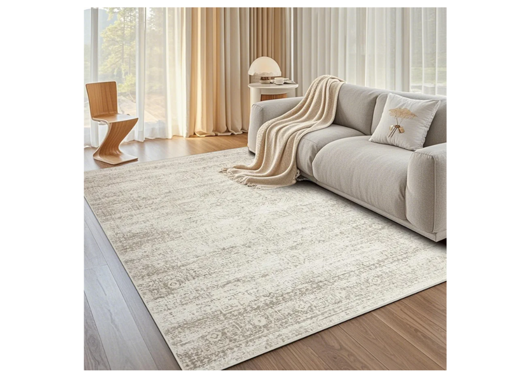 Washable Area Rug for Living, Bedroom & Dining Room, Ultra Soft Faux Wool Retro Large Carpet, Non-Slip/Shedding Low Pile Vintage Print for Home Office Decor, Beige Ivory Cream Brown Camel, 5x7