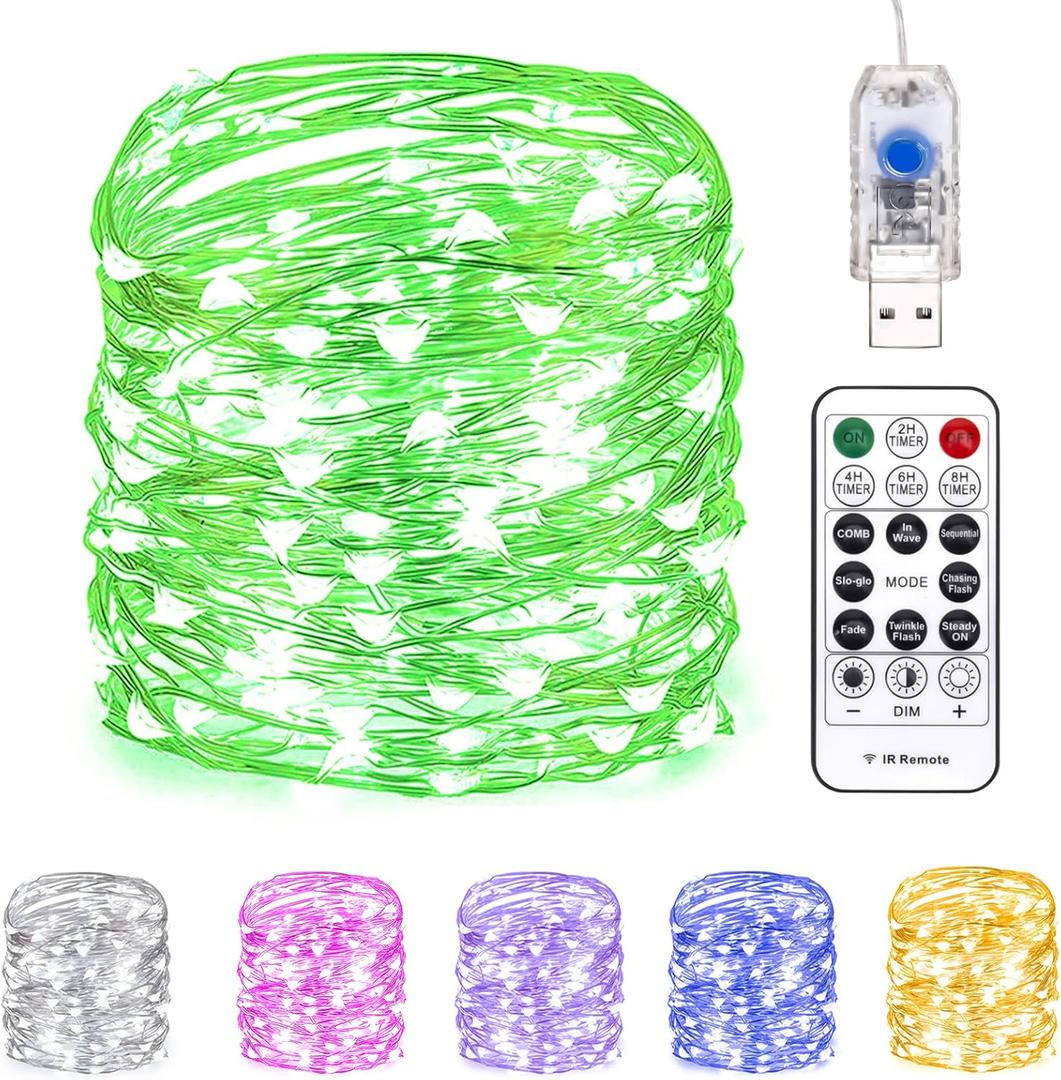 Fairy Lights 66 ft 200 LED USB Twinkle String Lights Plug in Silver Wire Lights with Remote and Timer 8 Modes Outdoor Waterproof Starry Lights DIY Party Wedding Christmas DecorationGreen