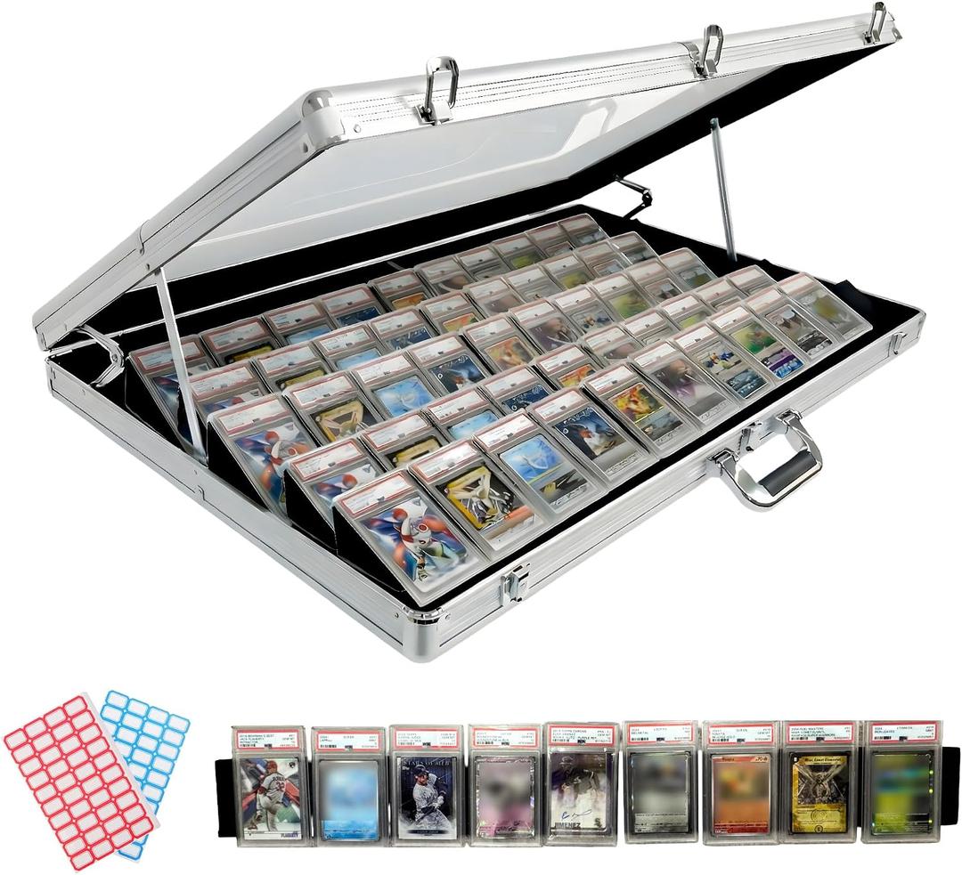 Professional Large Card Display Case (5 Raising Bars, Built-in Prop Rod and 80 Stickers) | 34 x 22 inches | Tabletop TradeShow Display Case for Sports Cards & Trading Cards | Aluminum Frame - (Silver)