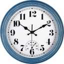 Jenlystime 12 Inch Indoor/Outdoor Retro Waterproof Wall Clock With Thermometer, Silent Round Quartz, Battery Operated, Easy To Read, Decorative For Kitchen, Patio, Bathroom, Deck, Porch, Pool, Blue