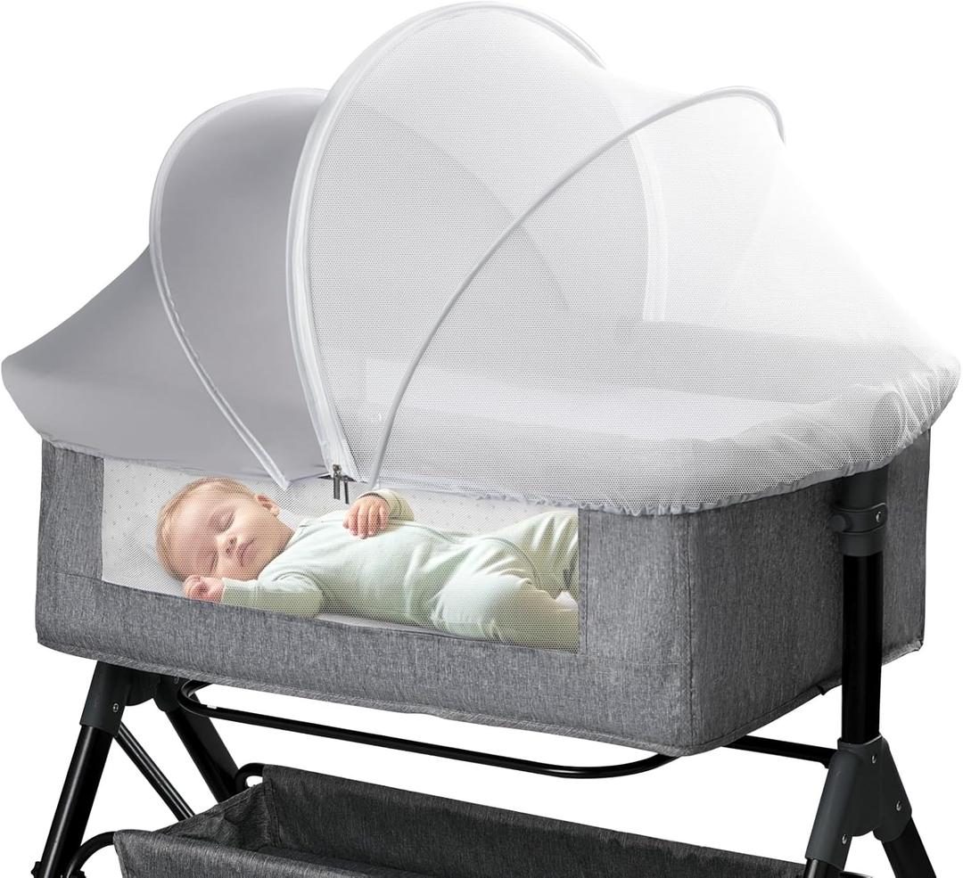 Bassinet Mosquito Net Cover - Half-Blackout Mosquito Net for Baby Crib & Bedside Sleeper, Breathable Crib net with 2-Way Zipper, Sun-Blocking Baby Mosquito Net Cover (Gray-Small)