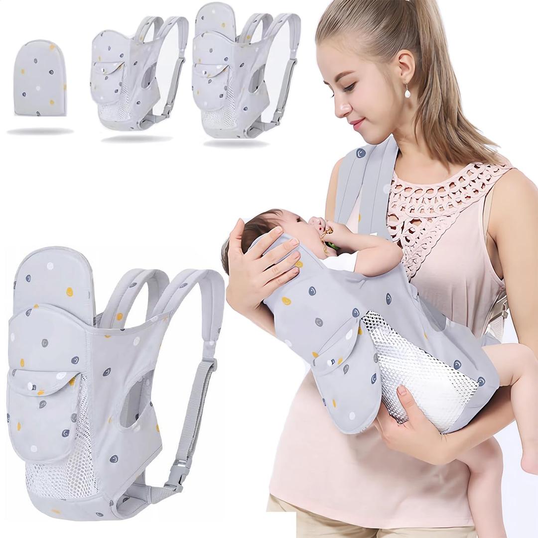 4-in-1 Baby Carrier Newborn to Toddler, Soft Baby Wrap Carrier for Newborn, Shoulder Strap Grid Breathable Infant Sling, Carrier Toddler Carrier Baby Wraps Carrier forGirl and Boy 8-45 lbs（Grey）