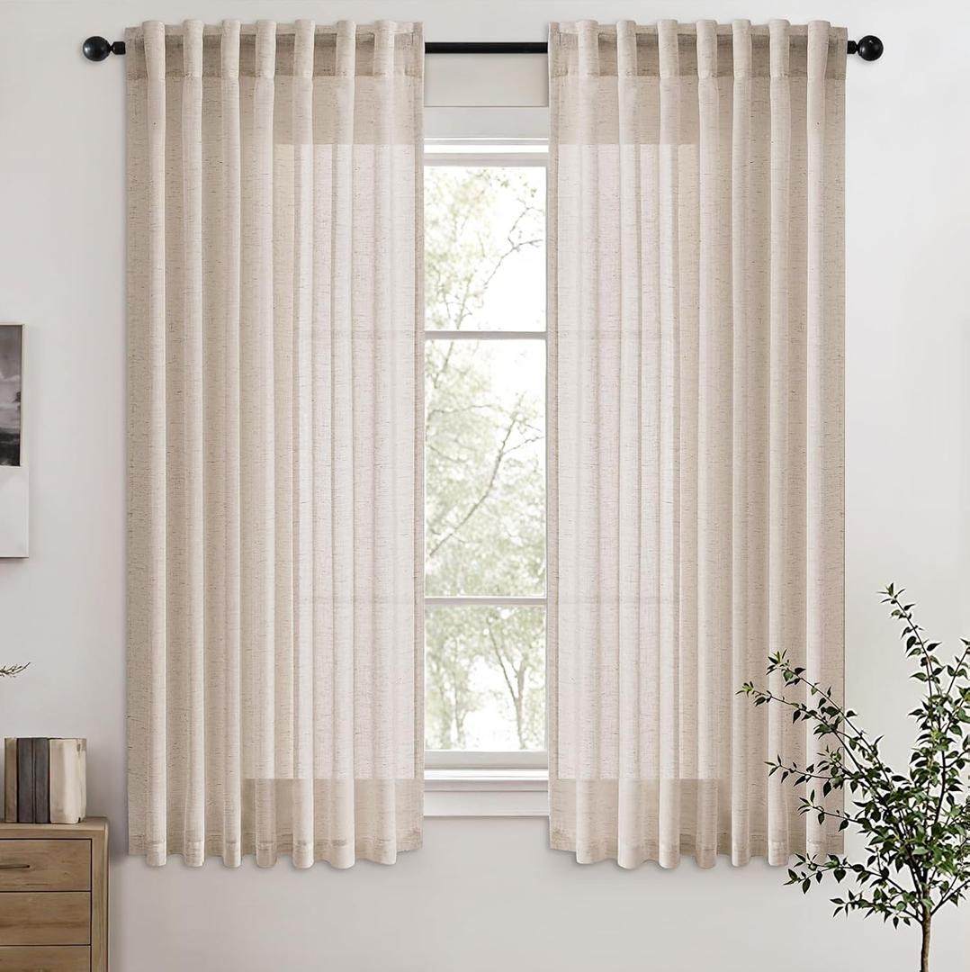 Beige Linen Blend Short Kitchen Curtains 45 Inch Length 2 Panel Set Semi Sheer Light Filtering Back Tab Rod Pocket Drapes Modern Farmhosue Small Curtains for Cafe Bathroom Living Room 45 Inches Long