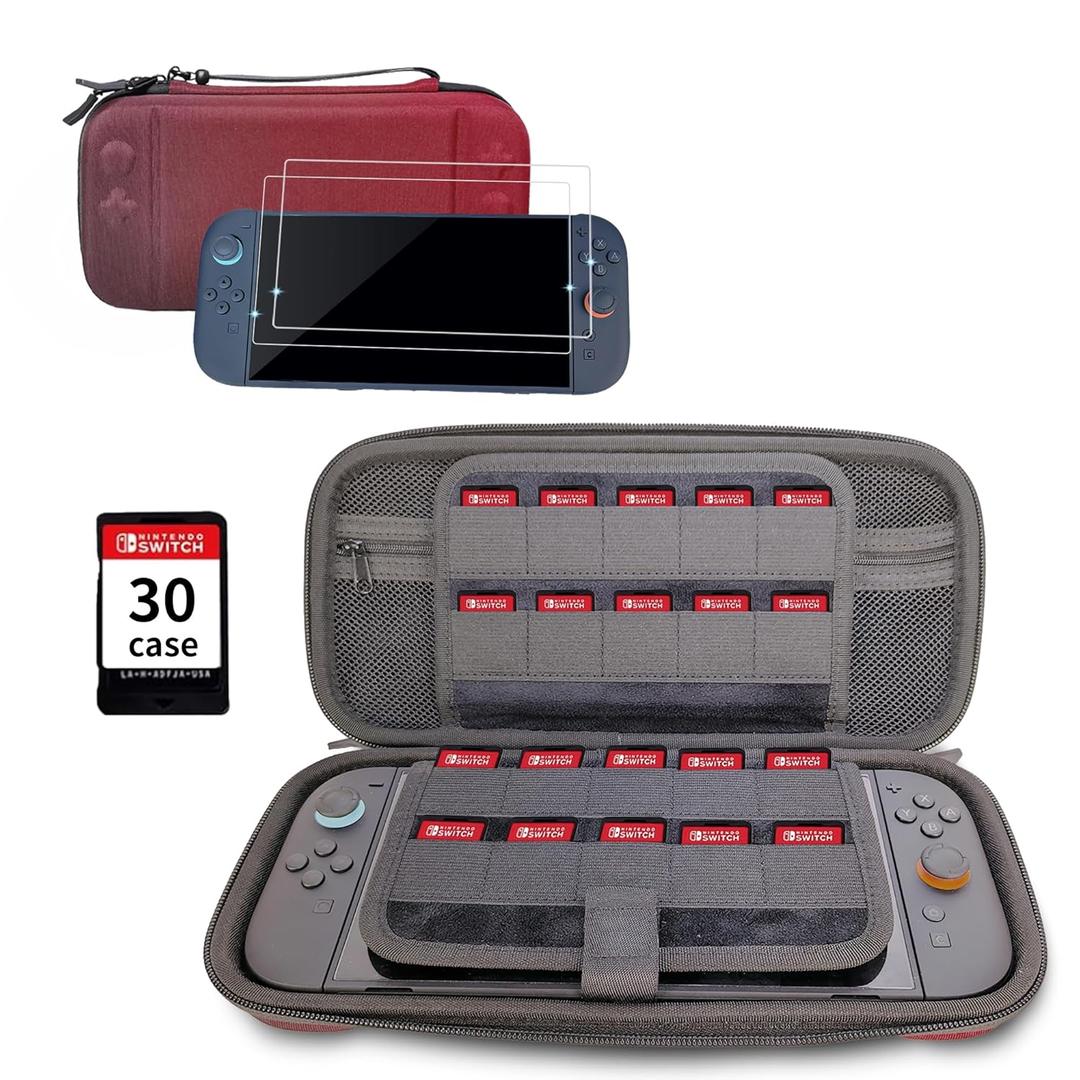 JIAMEIXING Carrying Case for Nintendo Switch 2 2025- Cute Shockproof Hard Case, Tempered Glass Screen Protector & Storage Box for Game Cards & Accessories (Red)