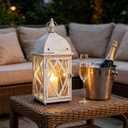 17" Vintage Distressed White Metal Lantern, Glass Paneled Hanging Candle Lantern, Rustic Farmhouse Decor for Indoor & Outdoor Patio, Garden, Wedding & Entryway Display