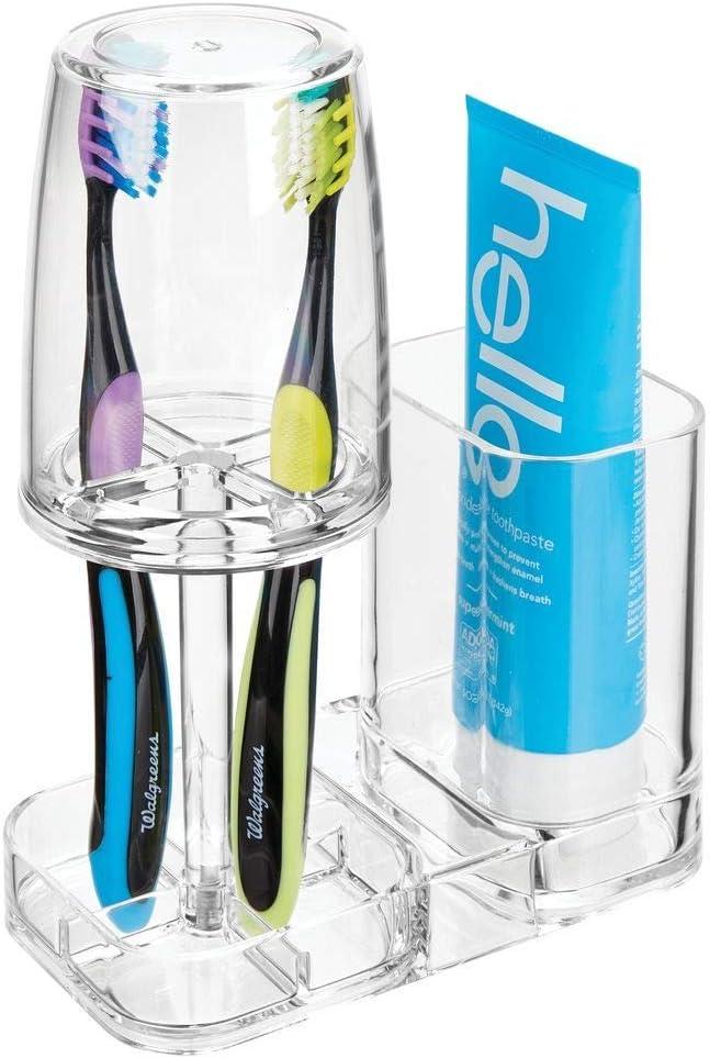 mDesign Modern Plastic Bathroom Vanity Countertop Toothpaste & Toothbrush Holder Stand with Rinsing Cup/Cover - Dental Center Holds Electric Toothbrushes - Clear