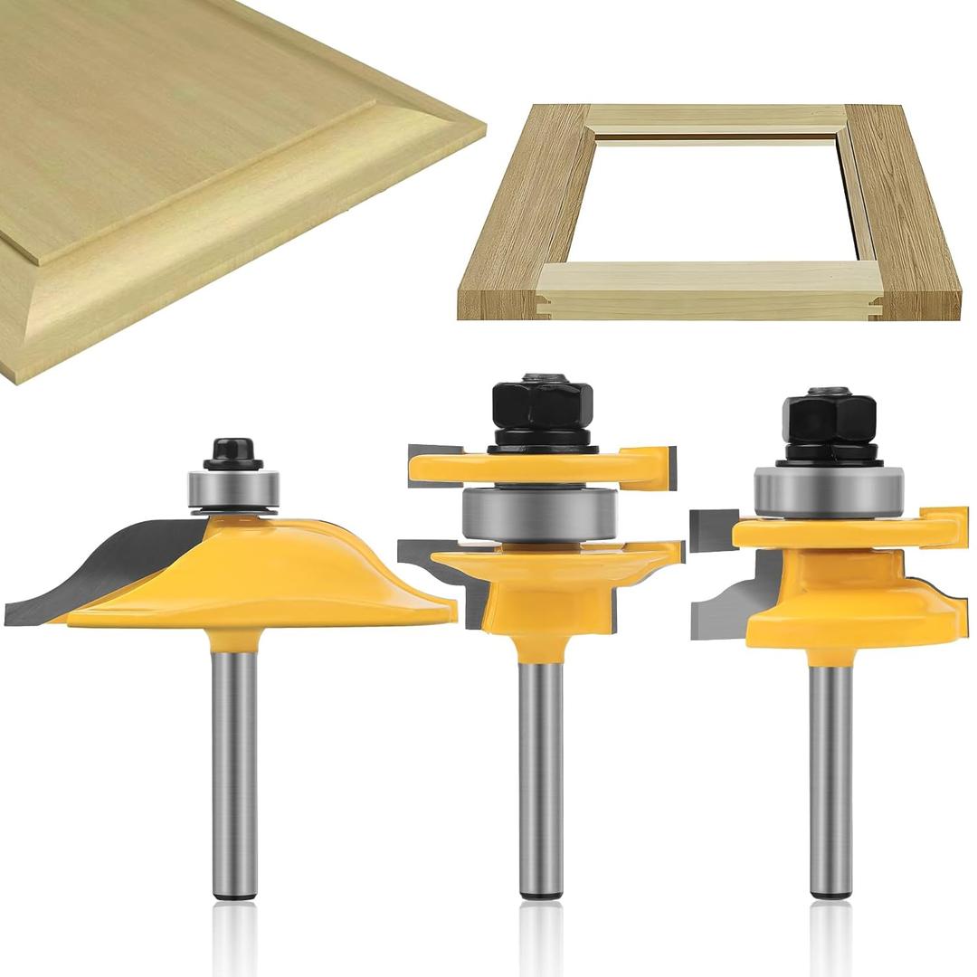 Raised Panel Router Bits3PCS 1/4" Shank Router Bit Set,Cabinet Door Router BitsWoodworking ToolsRouter Door Window Bits (Tenon Cutter Diameter: 1-5/8") Tongue and Groove Router Bit Set