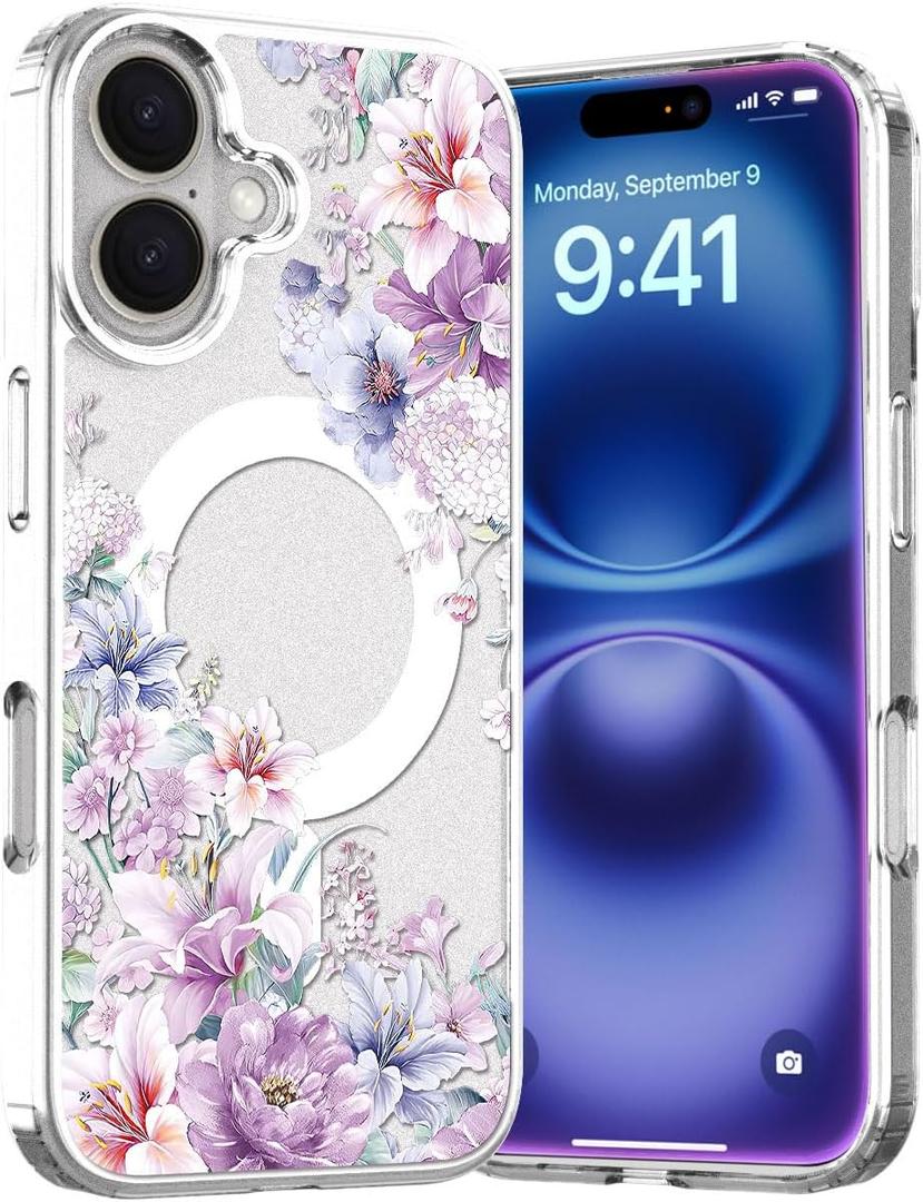 for iPhone 16 Magsafe Case, Slim Floral Shockproof Protective Hard PC+TPU Cute Bumper Flower Cover Women Magnetic case
