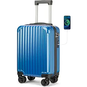 Personal Item Suitcase 18x14x8 Inches Hardside Built In TSA Lock & USB Port Lightweight Luggage Silent Double Spinner Wheels Maximum Underseat Carry-On Bag For Spirit and Frontier (Royal Blue)