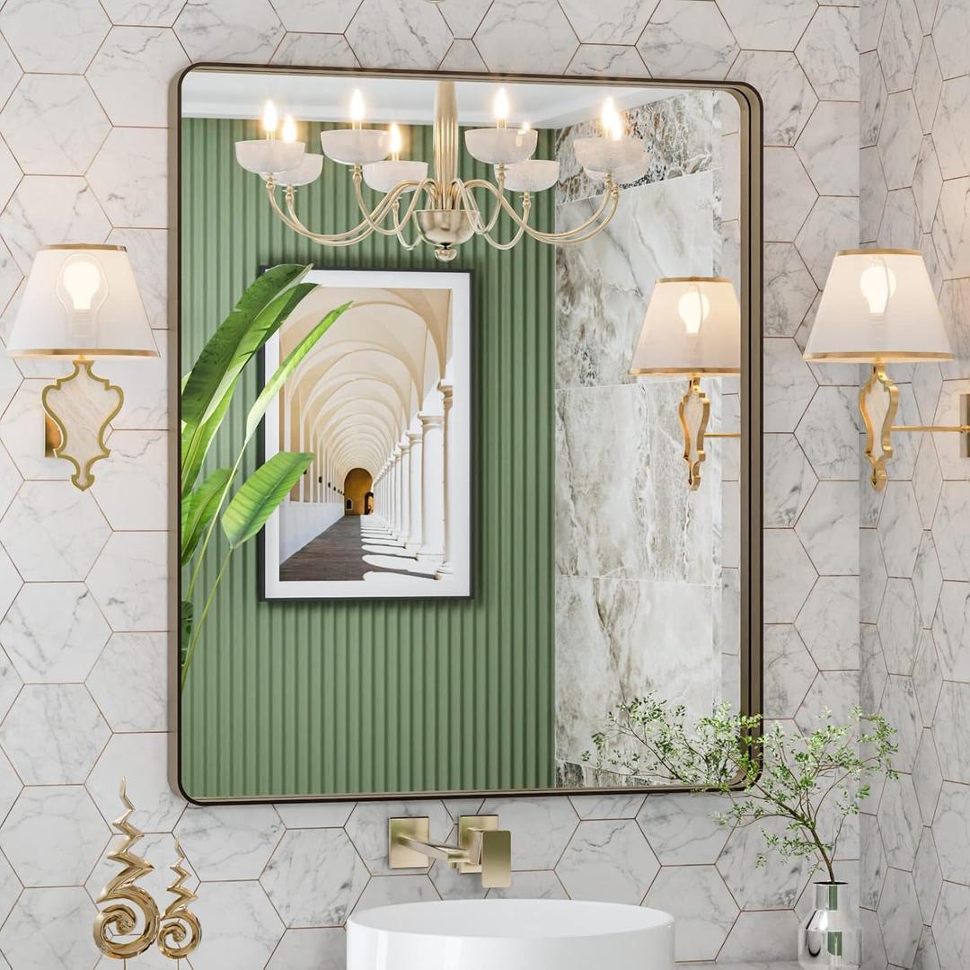 LOAAO 30X36 Bronze Bathroom Mirrors for Vanity, Rounded Rectangle Brushed Bronze Metal Frame Mirror, Anti-Rust, Tempered Glass, Hangs Horizontally or Vertically