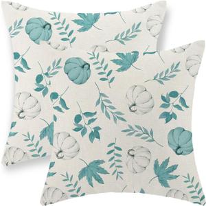Fall Pillow Covers 12x20 Set of 2 Pumpkin and Maple Leaf Fall Decor Pillowcase Linen Autumn Thanksgiving Decorative Outdoor Throw Pillow Covers Warm Tones Farmhouse Cushion Case for Couch Home (Blue White)