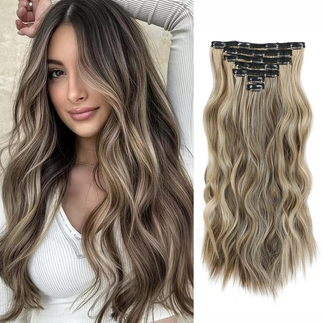 Clip in Hair Extensions for Women 20 Inch Light Brown Mix Ash Blonde Long Wavy Hair Extensions Clip ins 7PCS Lightweight Lace Weft Synthetic Hairpieces for Daily Use