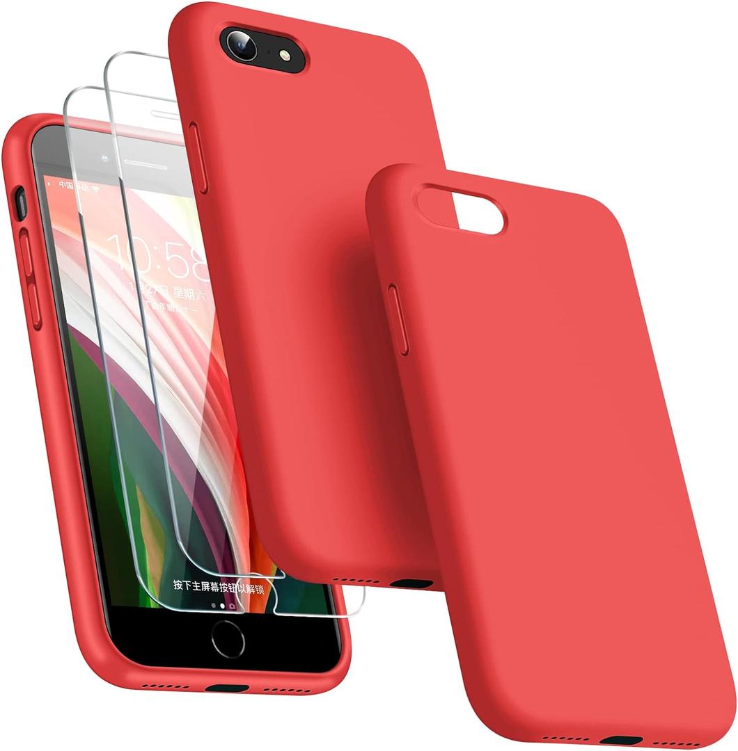 Dssairo [3 in 1 for iPhone SE case 2022/3rd/2020/2nd gen, iPhone 7/8 casewith 2 Pack Screen Protector, Liquid Silicone Ultra Slim Shockproof Protective Phone Case [Microfiber Lining] (Red)