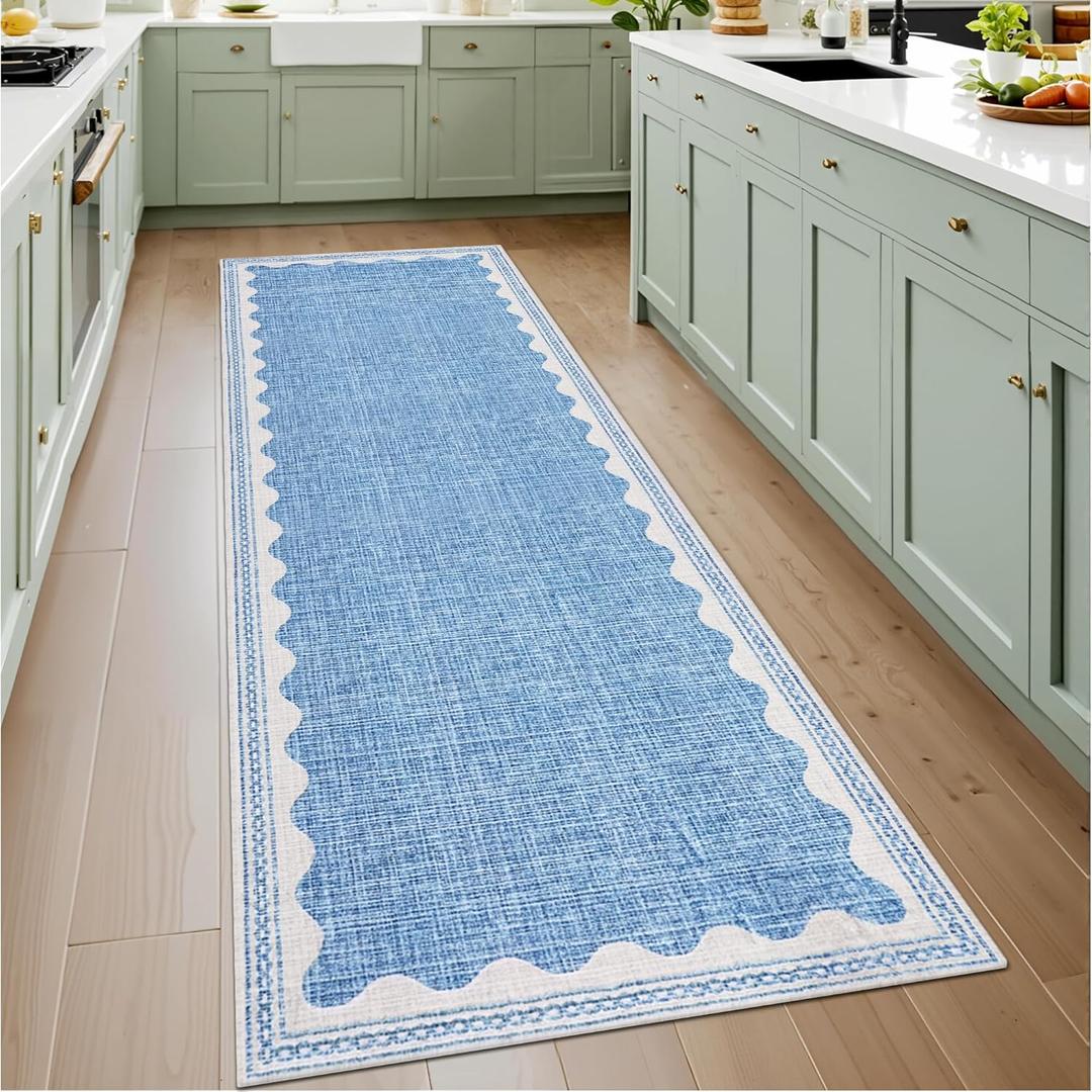 GarveeHome 2.5x8 Runner Rug for Hallway Washable Kitchen Rugs Non Slip Solid Blue Modern Minimalism Soft Low-Pile Scalloped Indoor Carpet for Entryway Laundry Room Floor Mats