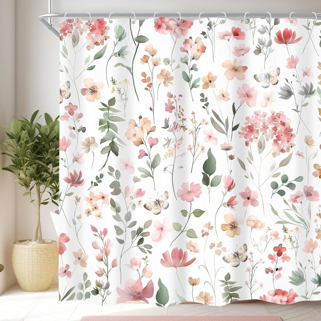 Cinbloo Pink Blush Coral Flower Floral Shower Curtain,Women Girls Wildflower Leaves Leaf Fabric Bathroom Curtains,Botanical Natural Spring Summer Butterfly Cloth Shower Curtain Set with Hooks, 72Wx72H