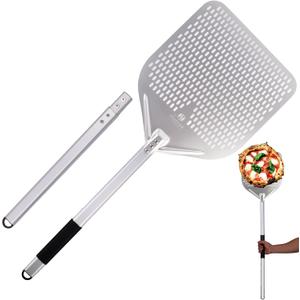 Perforated Pizza Peel 13"W x 16.7"L- Professional Restaurant Grade Large Metal Pizza Peel - 45.7" or 29.7" Long Handle Aluminum Turning Peel - Commercial Pizza Paddle
