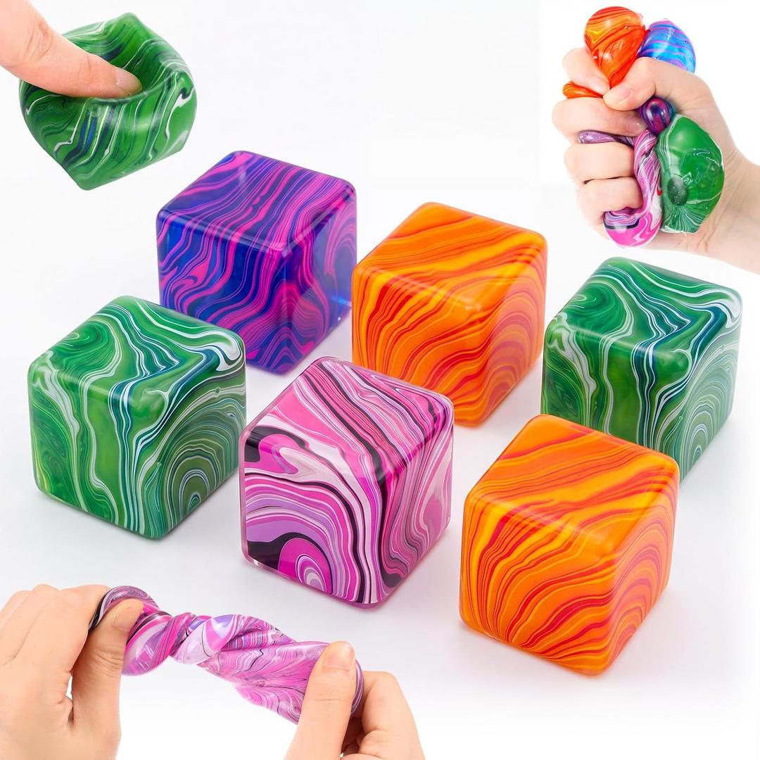 6 Pcs Stress Cube Bulk Swirl Ice Cube Stress Ball for Adults Anxiety Relief Soft Squeeze Sensory Square Ball for ADHD Prizes Goodie Bag Stuffers Party Favors (Pink,Purple,Green,Orange)