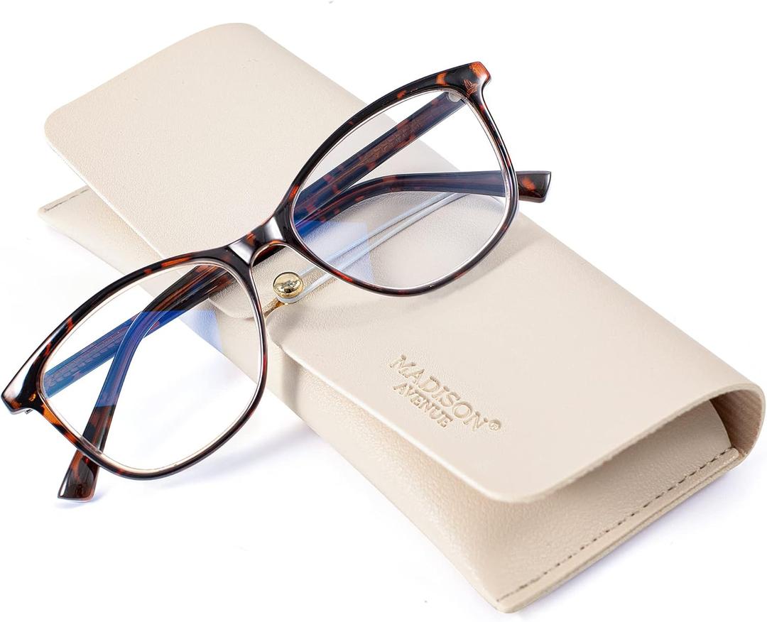 Madison Avenue Square Vintage TR90 Blue Light Blocking Reading Glasses for Women, Anti Eyestrain/Glare Computer Readers (Tortoise)