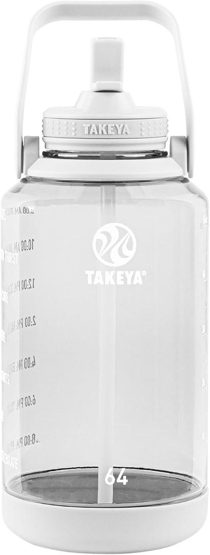 Takeya Tritan 64 oz Motivational Water Bottle with Straw Lid - Durable, BPA-Free - With Time Marker - Leakproof & Non-Slip Bumper - Cloud White