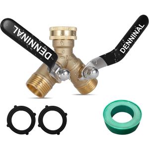 Garden Hose Splitter, Brass Hose Splitter 2 Way Heavy Duty, Leakproof Water Spigot Splitter with Stainless Steel Long Handle, Durable All-Metal Y Adapter with Shut-Off Valve, 3/4 GHT Splitter