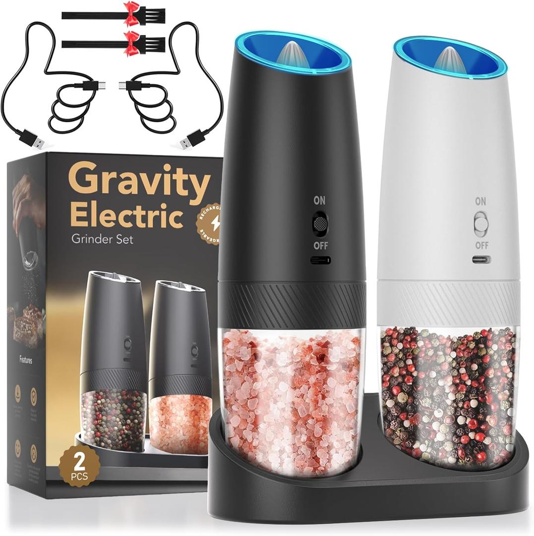 Rechargeable Electric Salt and Pepper Grinder Set,Tipuci Coarseness Adjustable LED Gravity Sensing Pepper Mill Shakers for kitchen gadgets (2 Pack -Black/White)