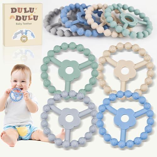 duludulu 4 Pack Silicone Baby Teething Toys, Teething Rings for Babies 0-6 6-12 Months Newborn Baby Teethers Boy Relief Soothe Baby's Gums Infant Toys Gifts Baby Boys Girls Blue Green