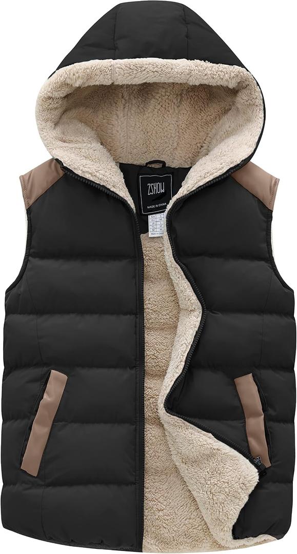 ZSHOW Women's Outerwear Vest Casual Thicken Qulited Winter Puffer Vest Hooded Warm Fleece Jacket (Black), Large