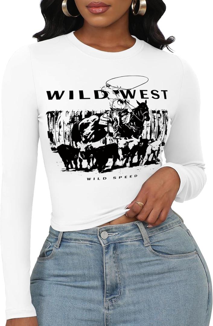 LovelyWholesale Women Graphic Long Sleeve Shirts Cute Going Out Fitted Crop Tops (Large, White Ww)