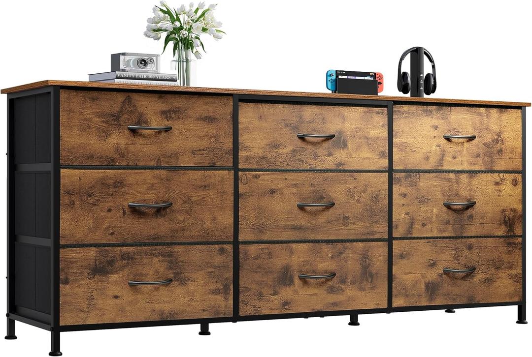 WLIVE 54''W Dresser for Bedroom, Dresser TV Stand for 55, 60, 65 inch TV, Wide Chest of Drawers with 9 Drawer, Large Entertainment Center, Fabric Dressers with Wood Top for Living Room, Rustic Brown