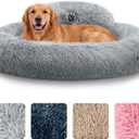 PetJett Calming Dog Beds Large Sized Dog - 36'' Round Bed, Anti-Slip & Washable Super Soft Donut Bed, Fluffy Faux Fur Anti-Anxiety Premium Comfort Pet Bed, Fits Dogs up to 80 lbs - Bright Grey