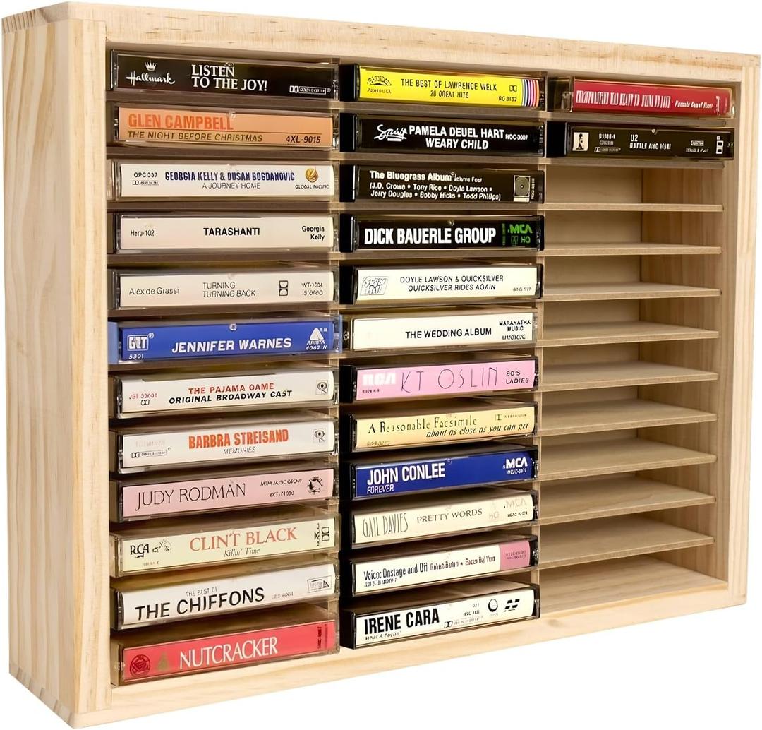 Cassette Tape Storage Rack, 36-slot Wood Cassette Tape Holder, Wall Mount or Freestanding Audio Cassette Organizer, Playing Card Storage, Unfinished Pine