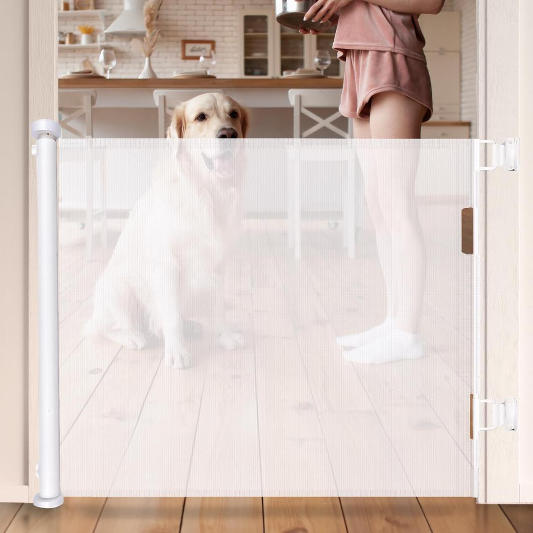 PAWISE Retractable Dog Gate for Stairs, Mesh Pet Gate Retractable for Doorways and Hallways, Indoor Retractable Pet Gate, 34" Tall Expands to 63" Wide, Safety Gate for Dogs, Pets