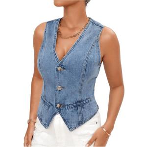 MakeMeChic Women's V Neck Sleeveless Denim Jacket Single Breasted Crop Top Y2k Jean Vest (Large)