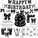 Black Bow Birthday Party Decoration Serve 24,Girl Coquette Birthday Tableware,Bow Happy Birthday Garland Banner,Disposable Plates,Napkins,Tablecloth,Cups for Bow Theme Party Supplies Decor