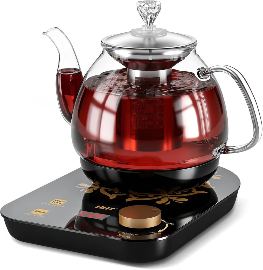 HHT Electric Tea Maker with Infuser, 1 Precise Temperature Control, Glass Electric Kettle for Herbal,Flowers,Fruit Tea and Loose Leaf,BPA-Free,Auto Shut-Off,Brewing Program,Keep Warm,0.8L Black