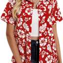 Hawaiian Shirts for Women Tropical Shirt Summer Beach Hawaii Button Down Short Sleeve Blouses Floral Tops Hawaii Outfits 2025 (Small, A-flower Red)