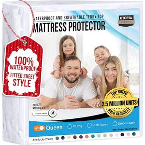 Utopia Bedding Waterproof Mattress Protector Queen Size, Premium 200 GSM Terry Mattress Cover, Soft & Breathable Bed Cover, Fitted Sheet Style with Stretchable Deep Pockets 17" (White)