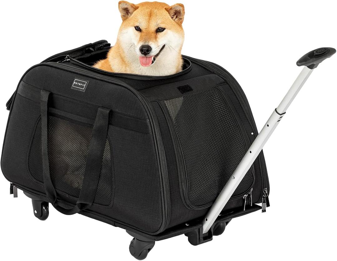 PETSFIT Extra Large Pet Carrier with Wheels- Rolling Dog Carrier for 2 Small Dogs, Large Cat Carrier on Wheels with Adjustable Safety Rope & Waterproof Bottom 