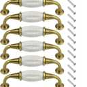 XINGYHENG 6PCS Cabinet Dresser Pulls White Ceramic Dresser Pulls Cupboard Drawer Pull Knobs Door Pull Handle with Screws 3.8"/96mm Centers (Gold, White) (3.78 Inch Hole Centers)