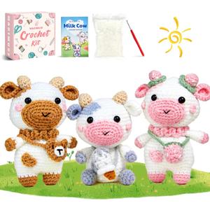 MAGIMUSE Crochet Kit for Beginners, Crochet Starter Kits for Adults w Step-by-Step Video Tutorials, Amigurumi Craft DIY Knitting Supplies, Crocheting Animals Kits, 3 Pcs Cow (40%+ Yarn)