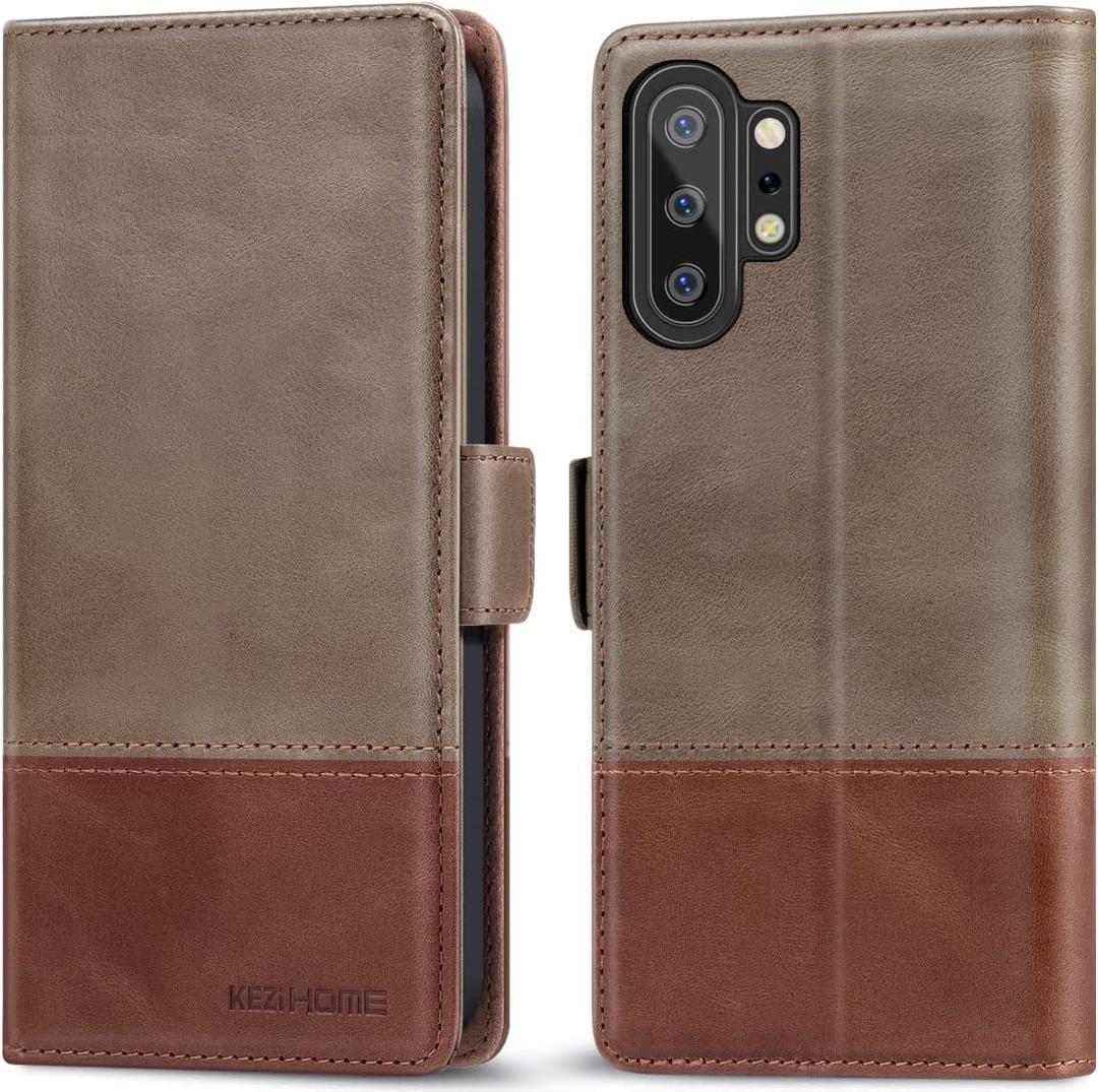 KEZiHOME Genuine Leather Wallet Case for Samsung Galaxy Note 10 Plus 5G with RFID Blocking and Credit Card Slot - Flip Magnetic Stand - Gray/Brown
