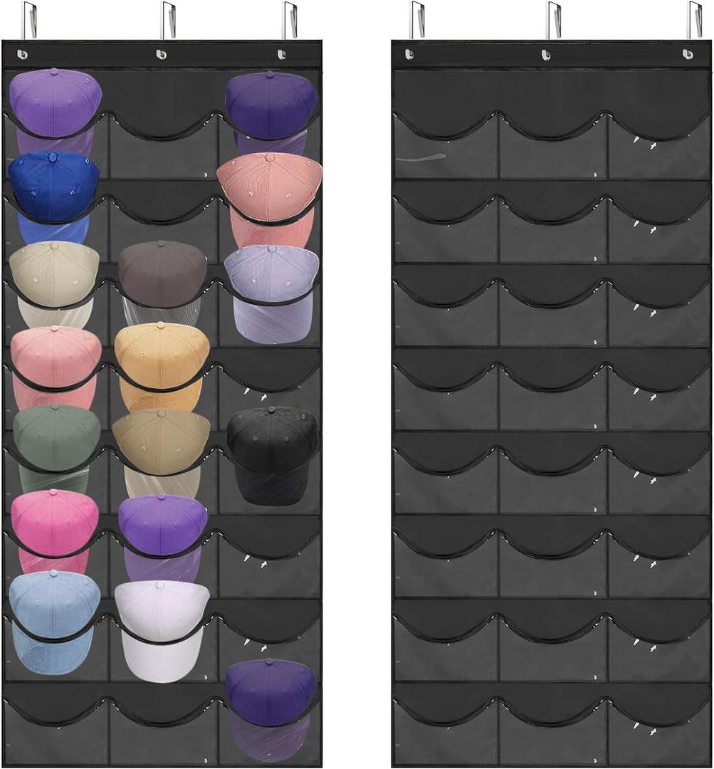 Hat Rack for Baseball Caps, 24 Pocket Over the Door Hat Organizer with 3 Hooks, Hat Holder for Door with Large Clear Pockets, Hat Storage to Protect and Display, Black - 1 Pack