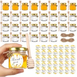 AuroTrends 1.5oz Mini Honey Jars with Dipper 30Pack, Glass Jars for Baby Shower Favors/Wedding Favors for Guests Bulk-Mini Canning Jars with Wooden Dippers/Bee Charms (1.5 fl.oz-30Pack)