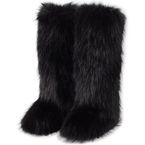Faux Fur Boots for Women Winter Knee High Furry Snow Boots Fuzzy Fluffy for Girls Flat Long Boots (13 Wide, Black)