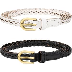 2 pack Skinny Braided Belts for Women Woven Thin Waist Dresses Faux Leather Belt for Jeans Pants 2/5"