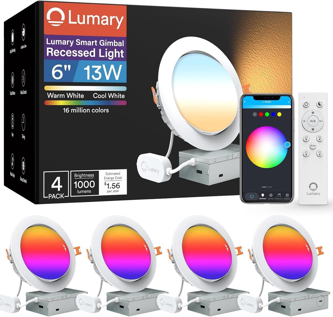 Lumary Smart Gimbal Recessed Lighting 6 Inch with Remote, RGBWW WiFi Ceiling Light Swivel 355° & Tilt 20°, Work with Alexa Google, Adjustable LED Can Lights Canless with J-Box, 1000lm CRI90, 4Pack